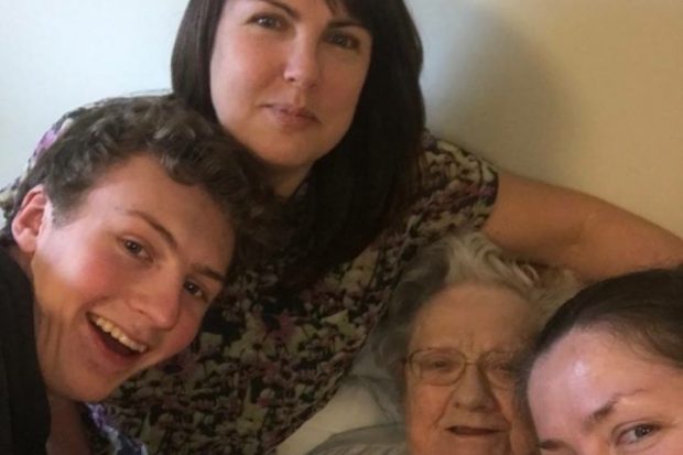 Photo of Bryony with her grandmother and her son. Bryony's sister's eye is visible in the bottom right hand corner 