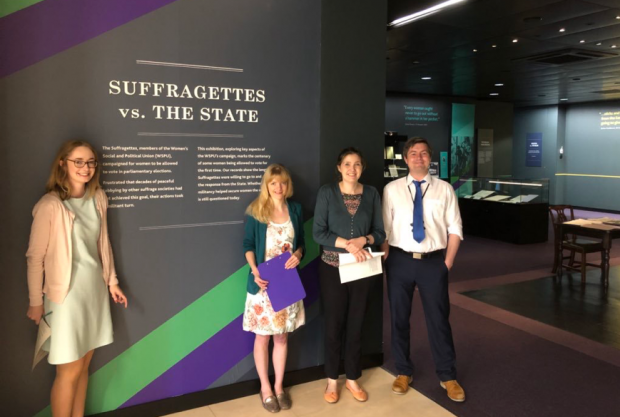 Picture of some of the Suffrage 100 project team at the Suffragettes vs the state exhibition at the National Archives