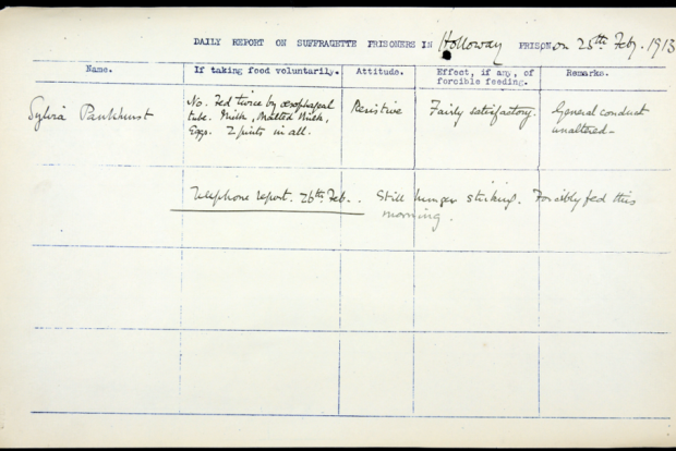 Sylvia Pankhurst’s daily report from Holloway Prison. The table is titled Dairly report of Suffragette prisoners in Holloway Prison, 25th Feb 1913. The first column in the table is Name and says Sylvia Pankhurst. The second column is titled if taking food voluntarily and says "No. Fed twice by oesophageal tube. Milk, malted thick, eggs, 2 pints in all". The third column is called Attitude and says "resistive". The fourth column is labelled Effect if any of forcibly feeding and reads “fairly satisfactory”. The final column asks for remarks and says “general conduct unaltered”. Across the bottom of the page it reads “Telephone report 26th Feb – still hunger striking. Forcibly fed this morning”. 