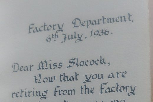 Extract from Mils leaving book which reads "Factory Department. 6th July 1936. Dear Miss Slocock, Now that you are retiring from the factory..."